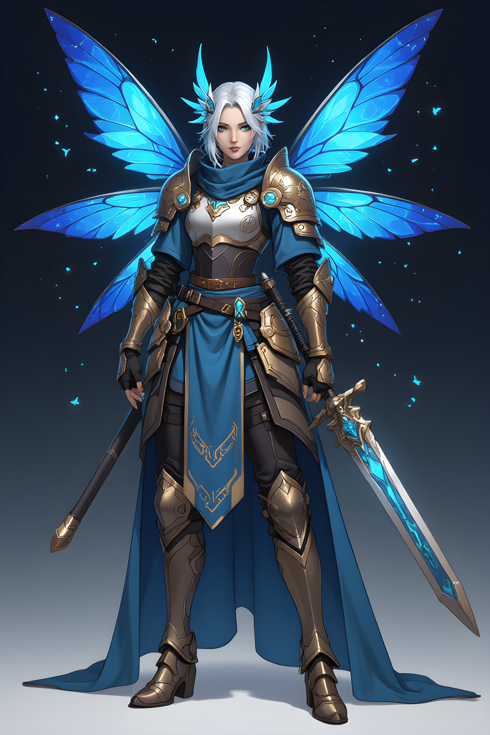 Fantasy angel warrior with glowing blue wings and armored knight outfit holding magical sword in detailed digital art style