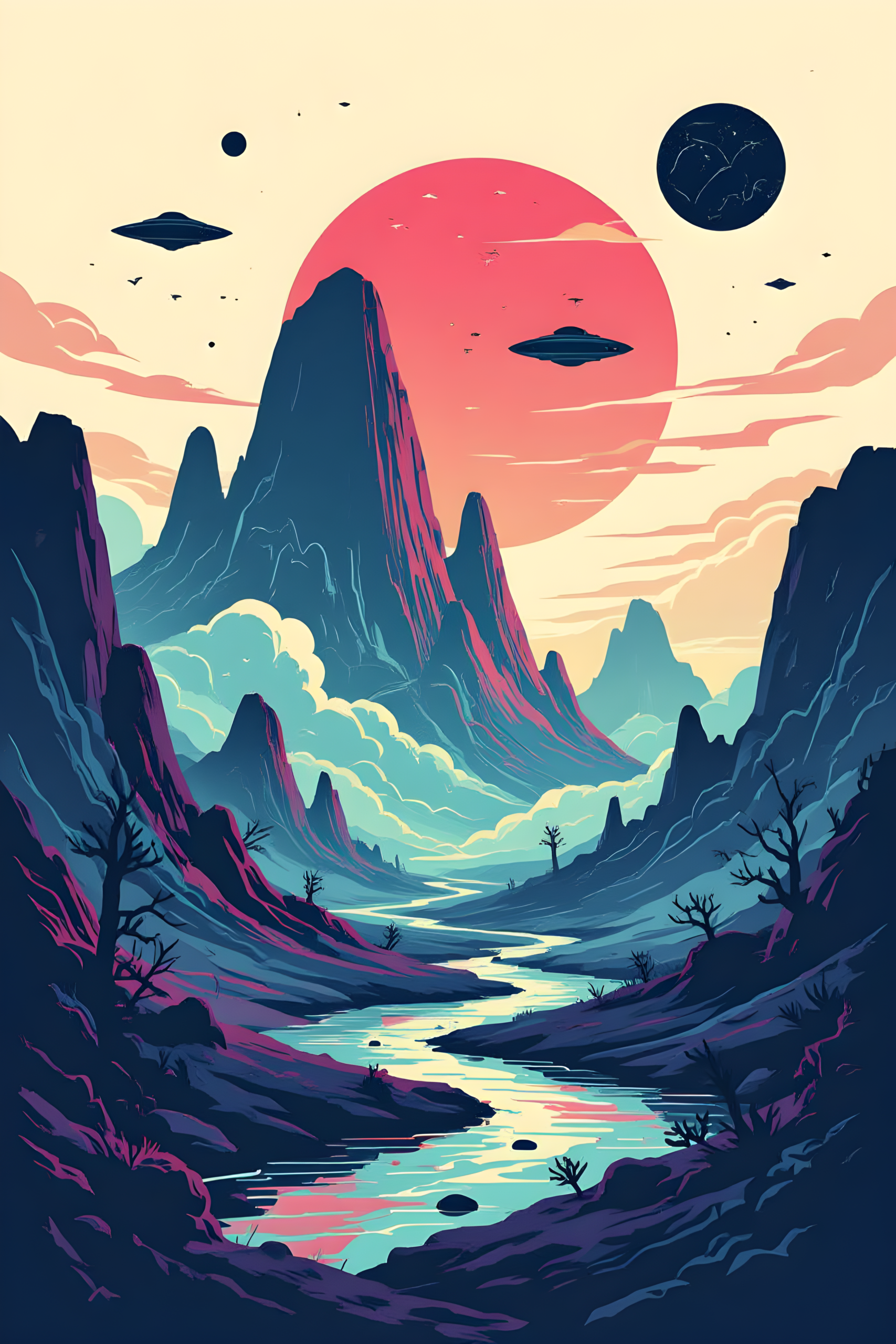 Sci fi valley landscape with giant sun and flying UFOs in pastel sky