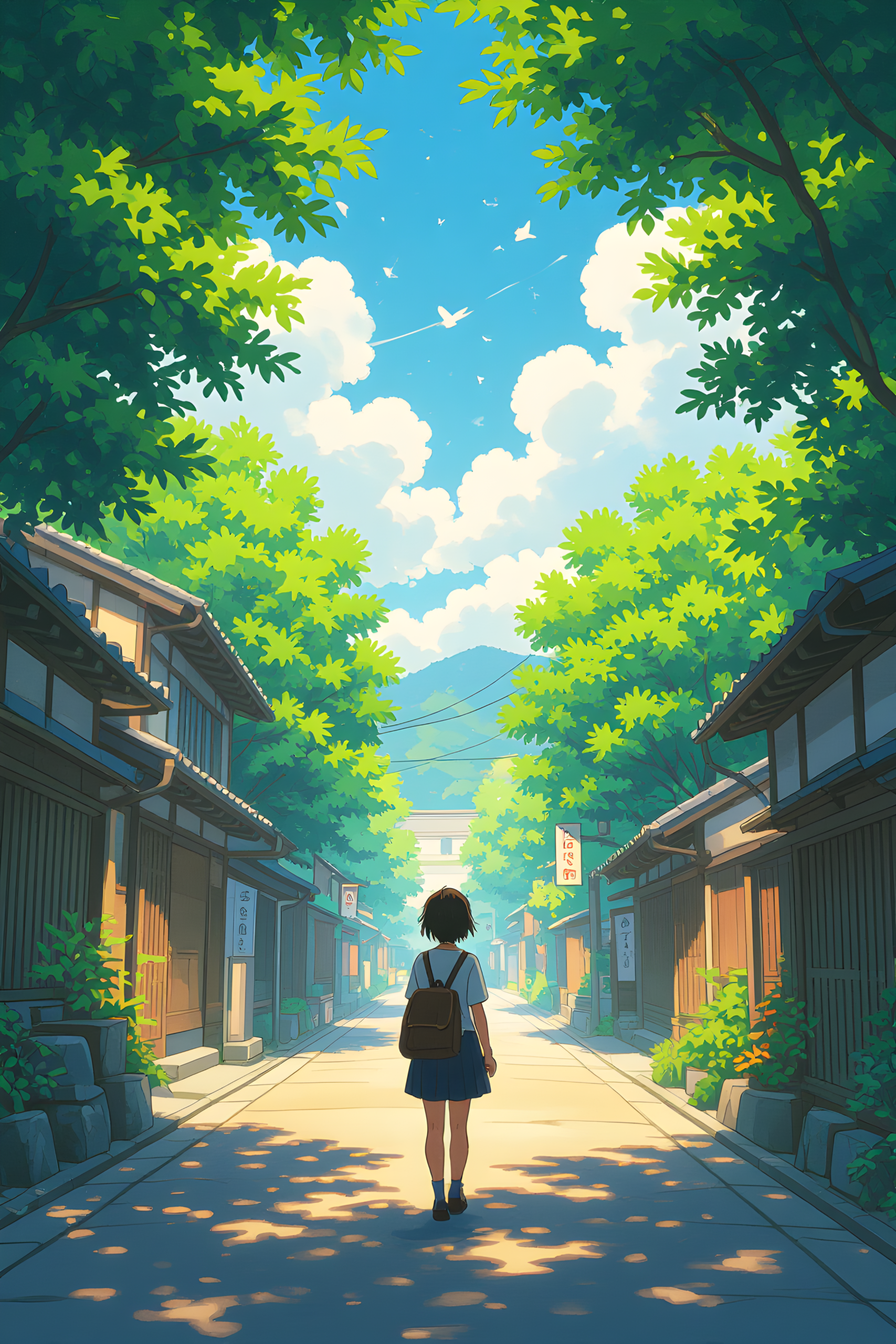 Anime girl walking in peaceful Japanese village street with green trees and blue sky 4K wallpaper
