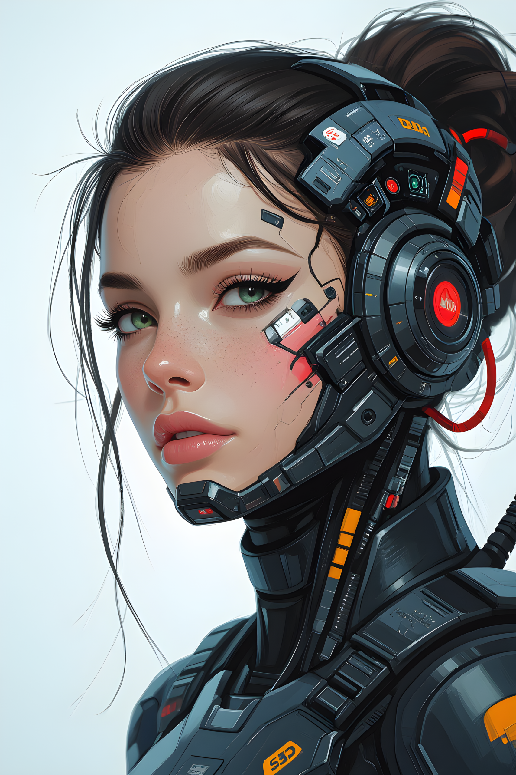 Futuristic cyberpunk girl portrait with advanced robotic headset and sci fi armor in ultra detailed digital art style