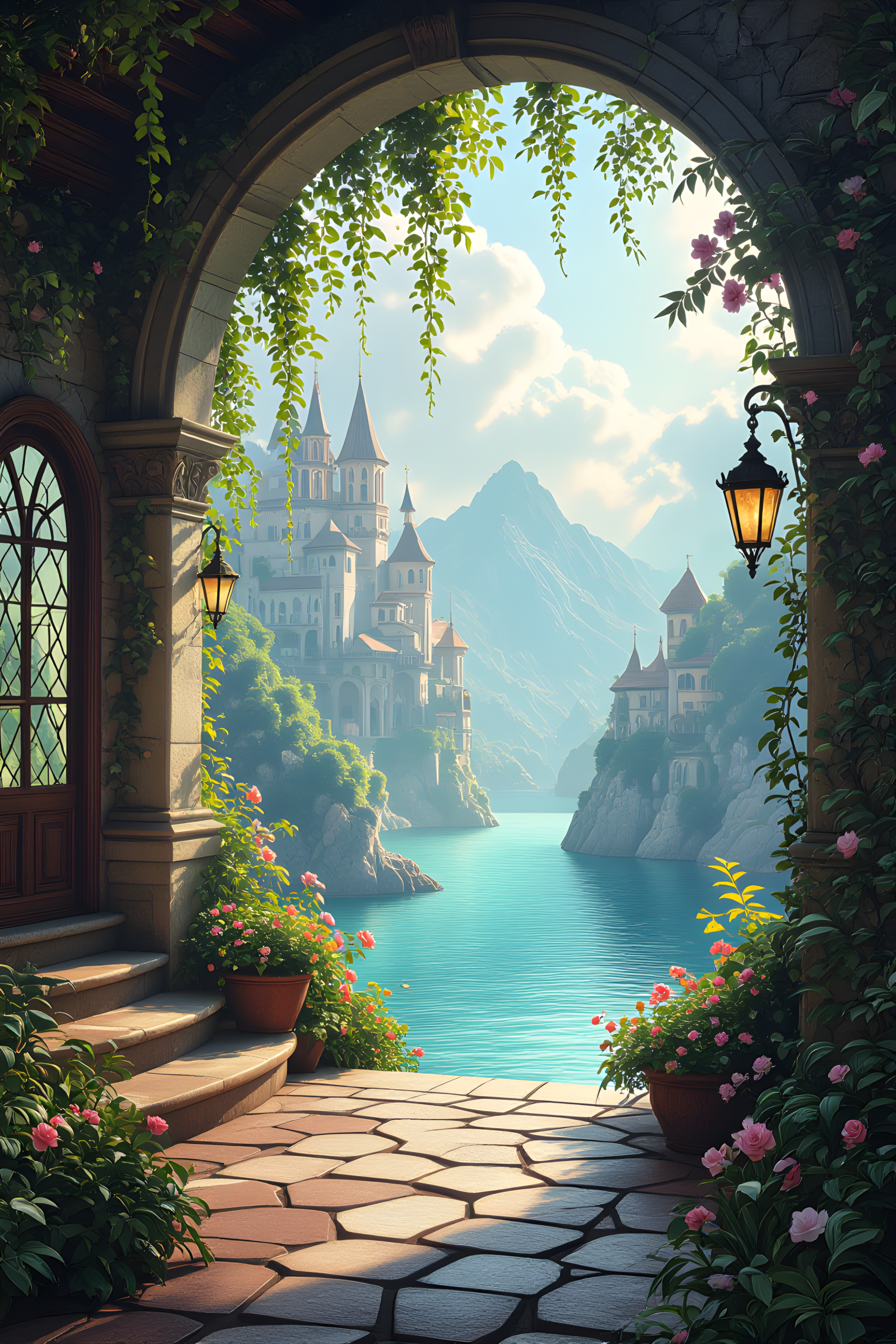 Fantasy castle overlooking turquoise lake viewed through stone archway with flowers and lanterns in dreamy landscape art