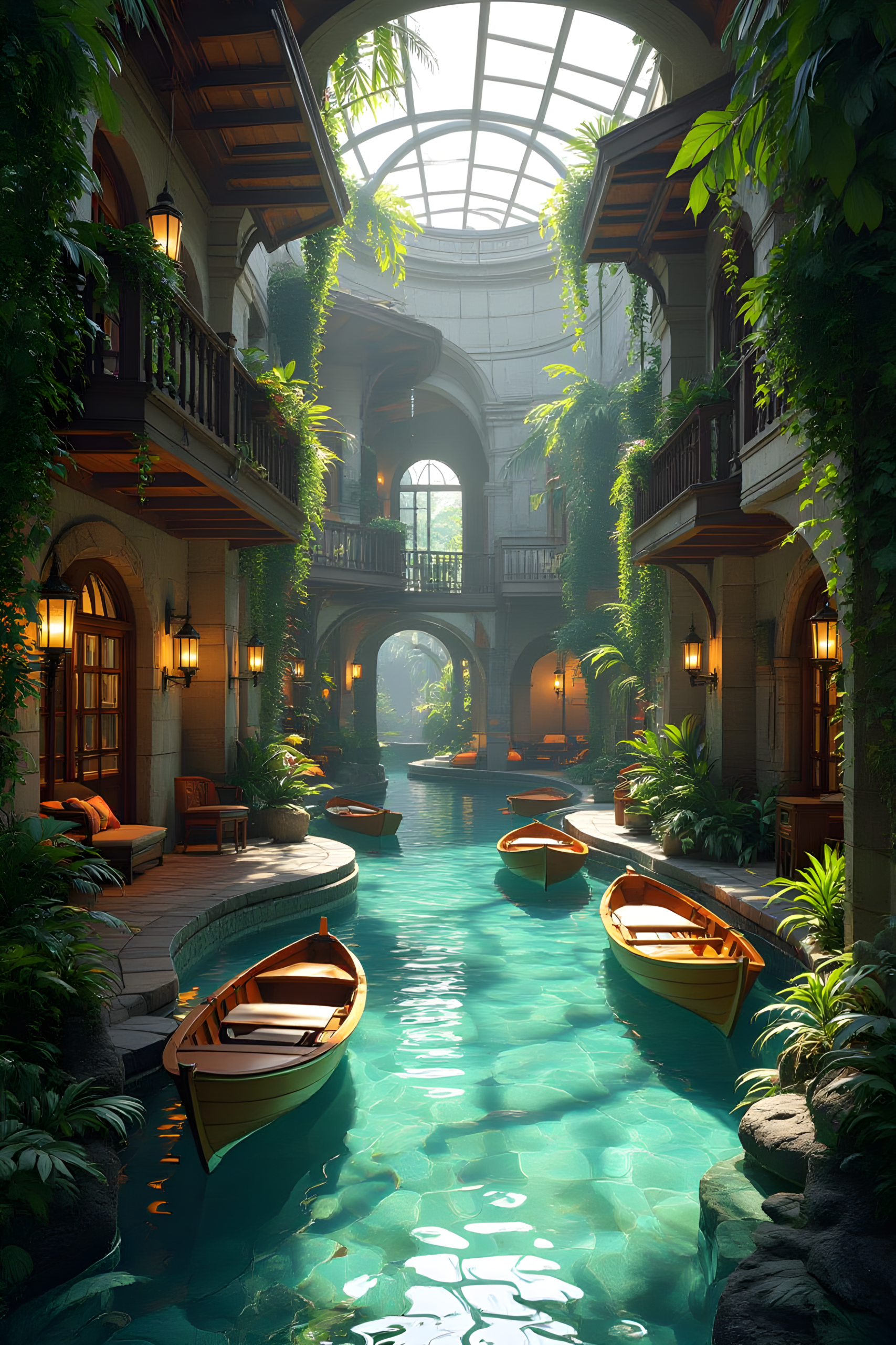 Luxury indoor courtyard with turquoise canal water and small wooden boats under glass ceiling surrounded by lush green plants and warm lantern lights