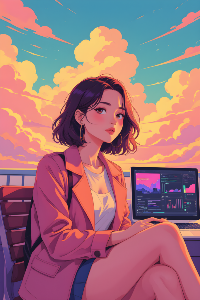 Aesthetic anime girl working on laptop during colorful sunset sky digital art wallpaper