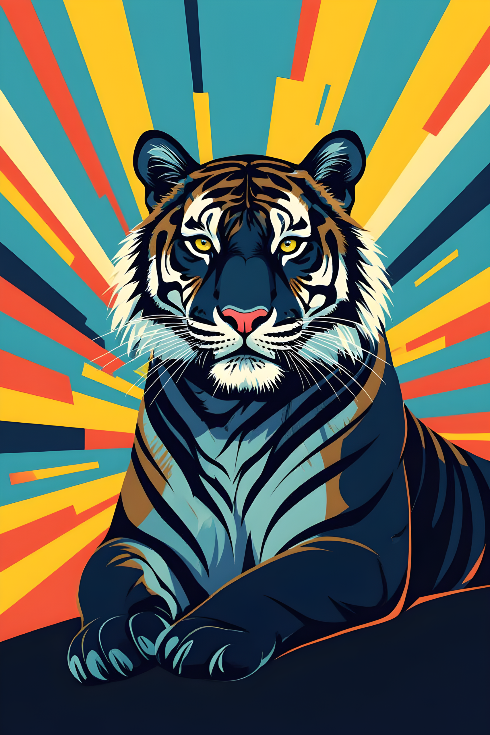 colorful tiger illustration with vibrant rays background aesthetic animal wallpaper