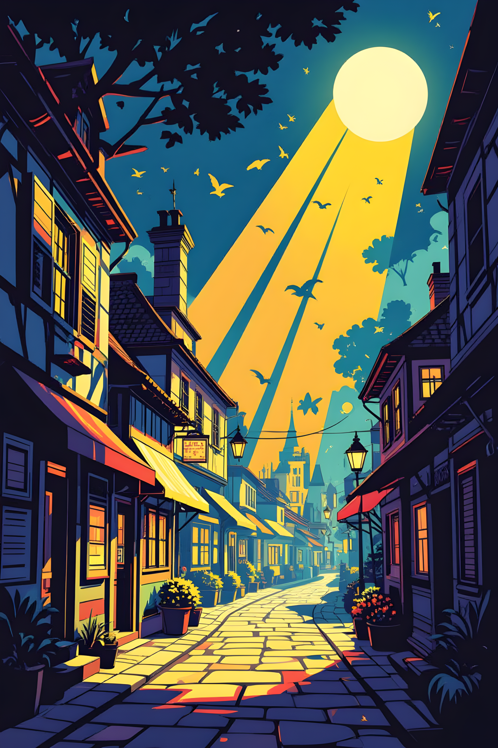 lofi aesthetic night city street with moonlight shining between buildings calm relaxing wallpaper