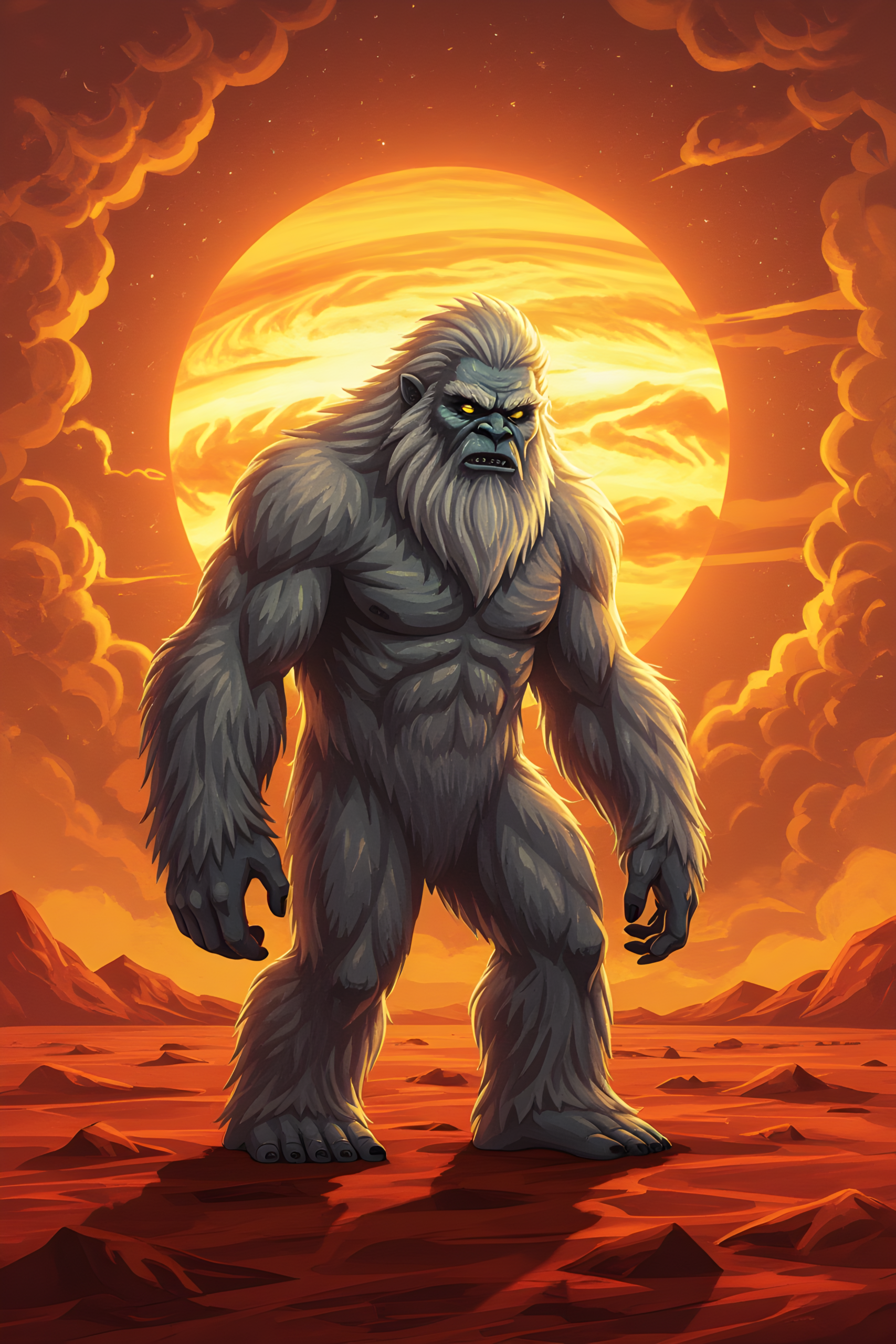 A fierce yeti monster standing on a red alien landscape with a glowing sunset behind it